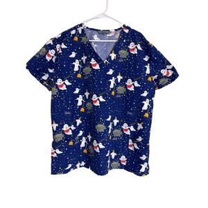 Serene Uniforms Womens Blue Ghost Themed Halloween Medical Scrub Top Shirt 2X